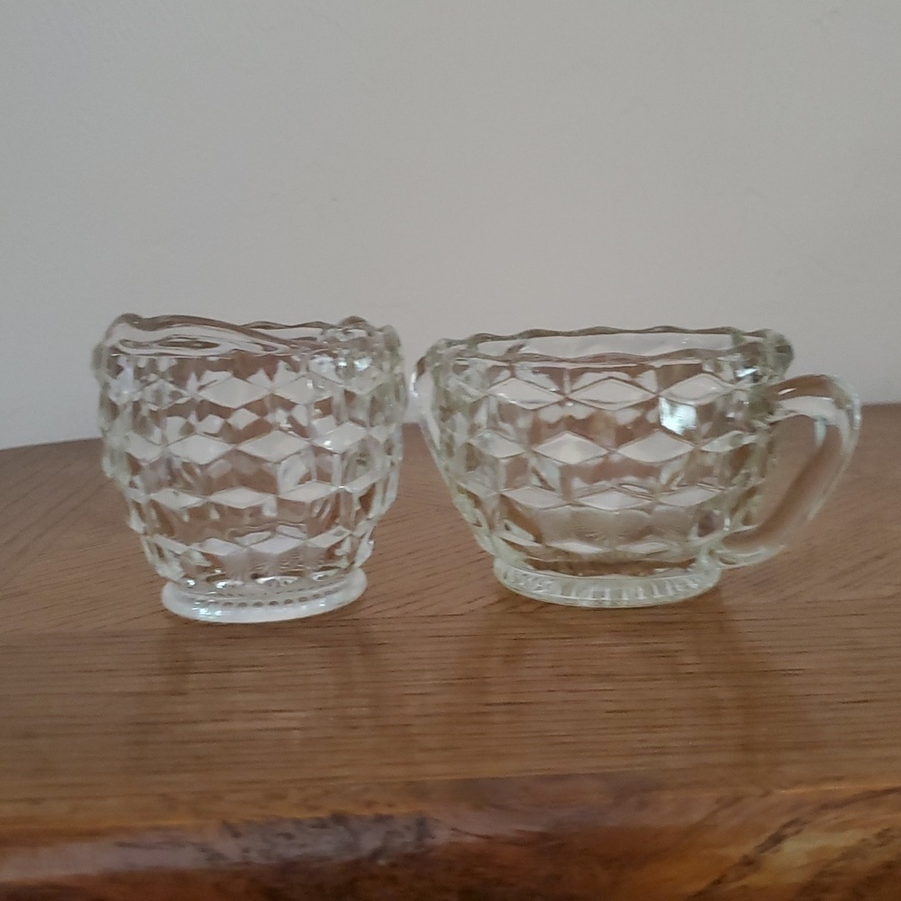 Vintage Jeannette Glass Cube Clear Creamer & Sugar Bowl Set Depression Glass